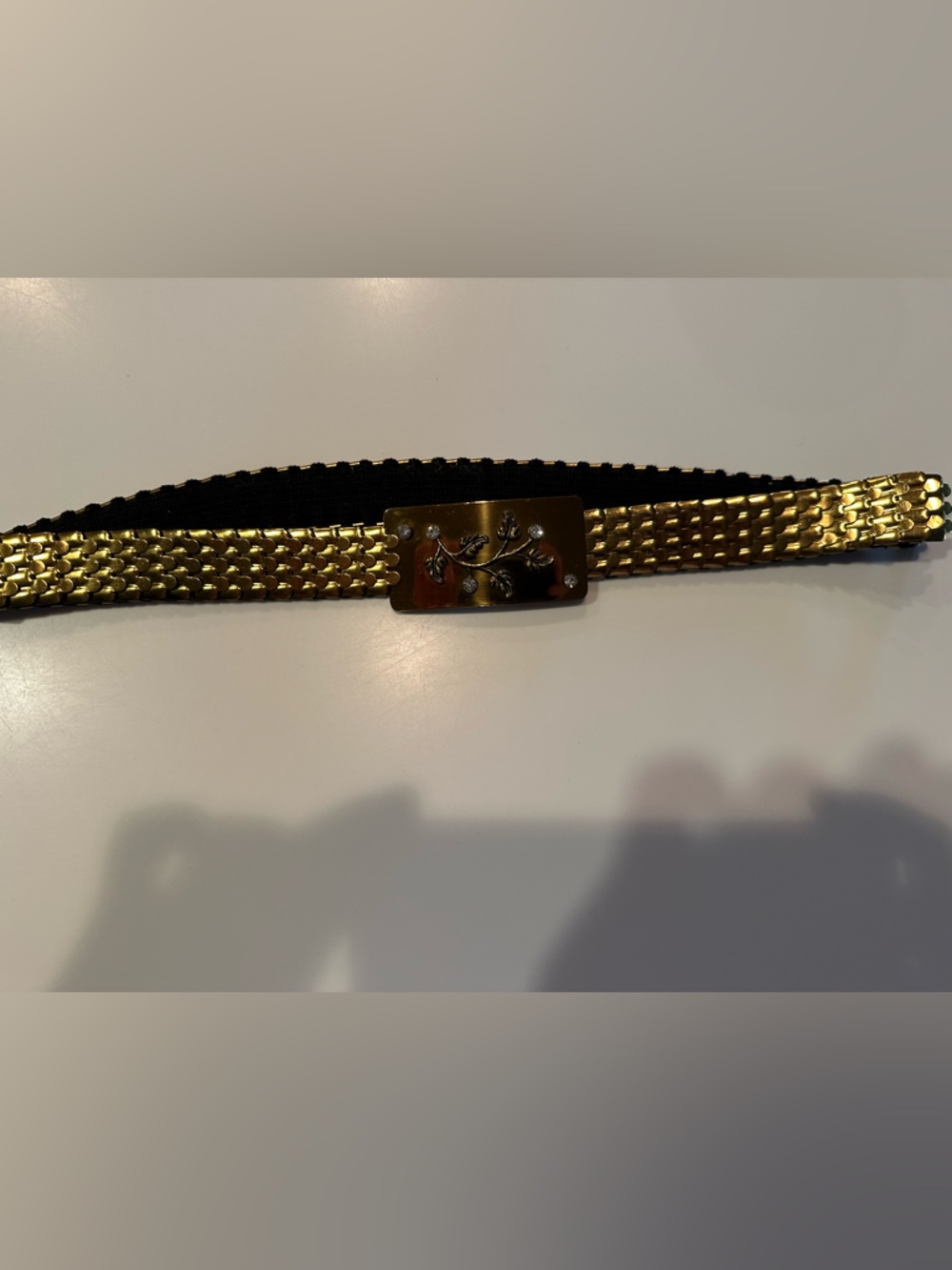 Vintage 50s Gold Metal Scaled & Elastic Belt Floral & Rhinestone Buckle 28"-38”